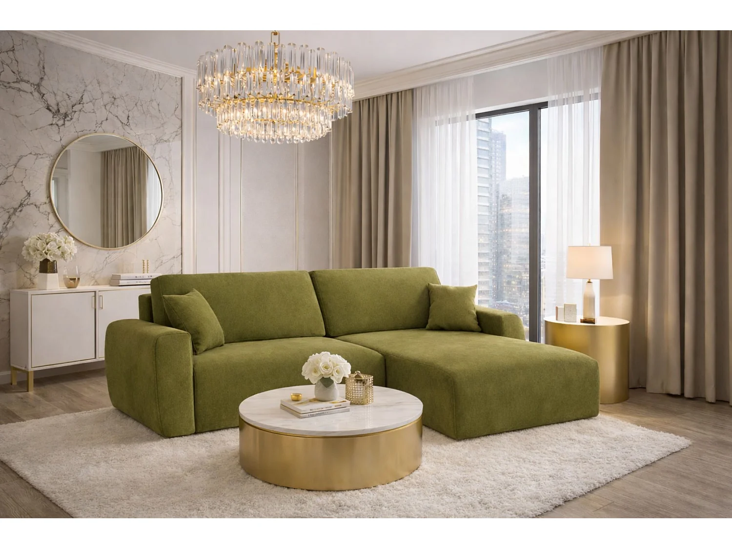 Hoekbank met slaapfunctie en opbergvak, Ariel XL, velours, stof Salvador, olijfgroen, rechts