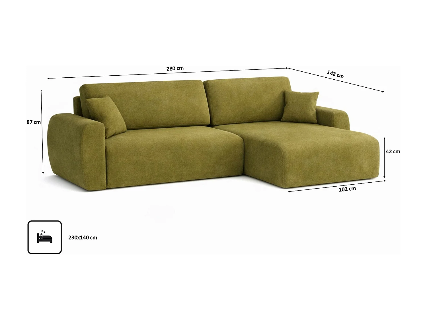 Hoekbank met slaapfunctie en opbergvak, Ariel XL, velours, stof Salvador, olijfgroen, rechts