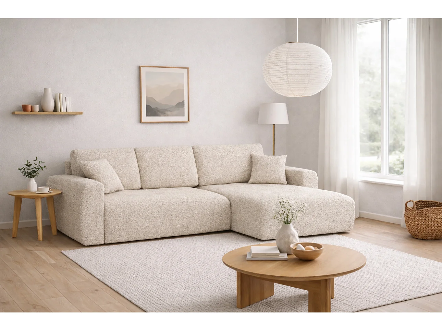 Divano angolare con funzione letto e contenitore a forma di L Ivo XL, tessuto chenille Artico, Nata, Destra