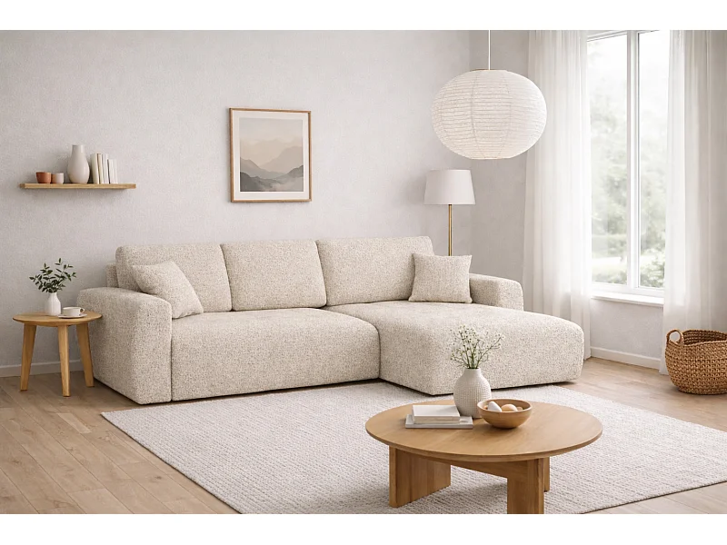 Divano angolare con funzione letto e contenitore a forma di L Ivo XL, tessuto chenille Artico, Nata, Destra