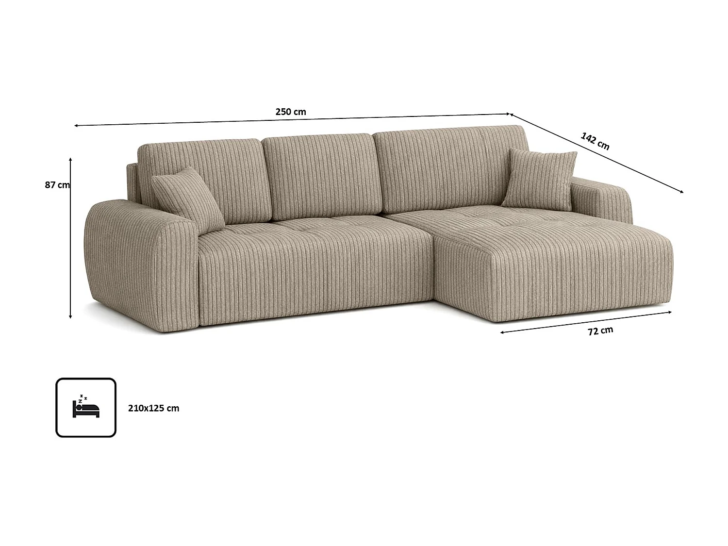 Hoekslaapbank met slaapfunctie en opbergruimte, L-vorm, Ivo L, ribstof Poso, Donkerbeige, Rechts