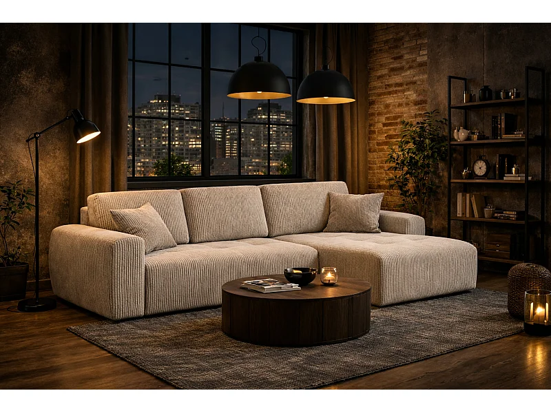 Hoekslaapbank met slaapfunctie en opbergruimte, L-vorm, Ivo L, ribstof Poso, Donkerbeige, Rechts