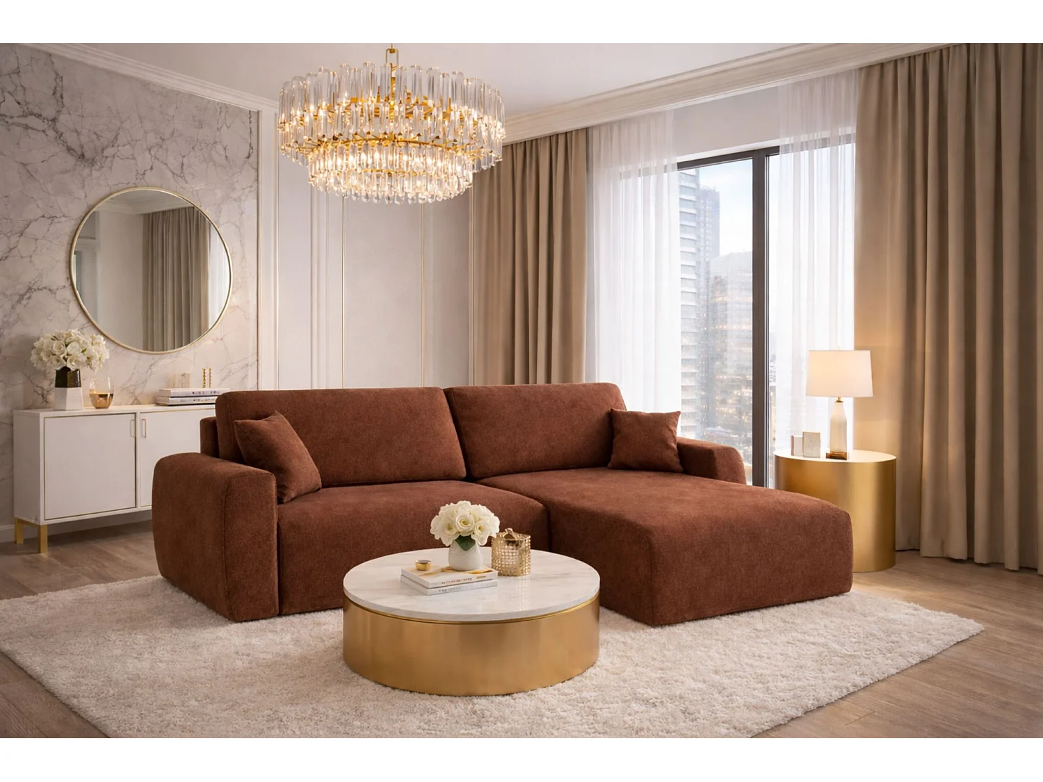 Hoekbank met slaapfunctie en opbergvak, Ariel XL, velours, stof Salvador, donkerbruin, rechts