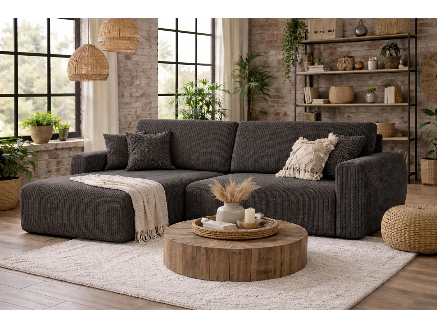 Hoekbank met slaapfunctie en opbergruimte Ariel L, corduroy stof, Poso stof, grijs, links