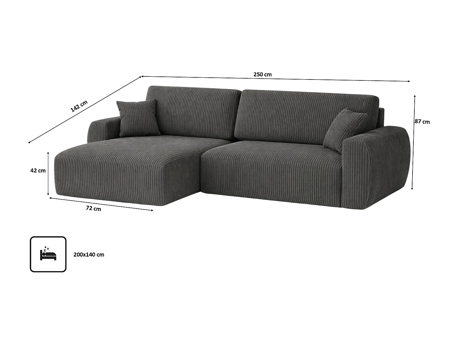 Hoekbank met slaapfunctie en opbergruimte Ariel L, corduroy stof, Poso stof, grijs, links
