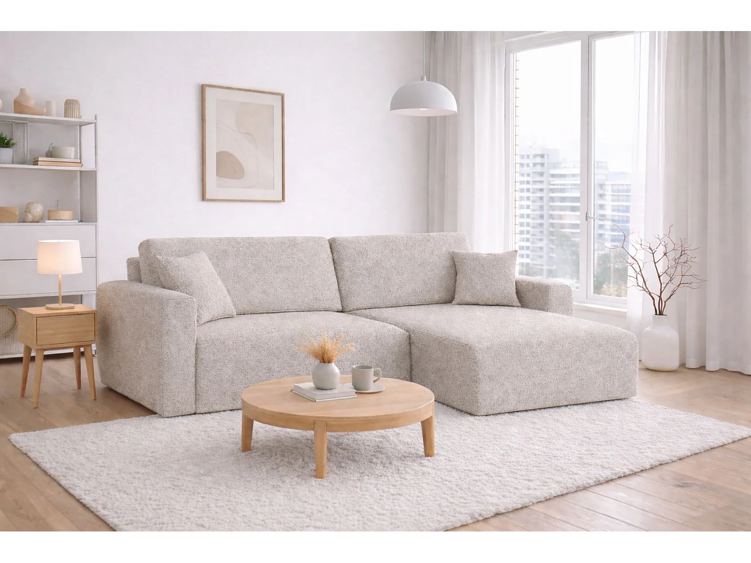 Divano angolare con funzione letto e vano contenitore, Ariel XL, tessuto velluto a coste, tessuto Poso, beige, lato destro