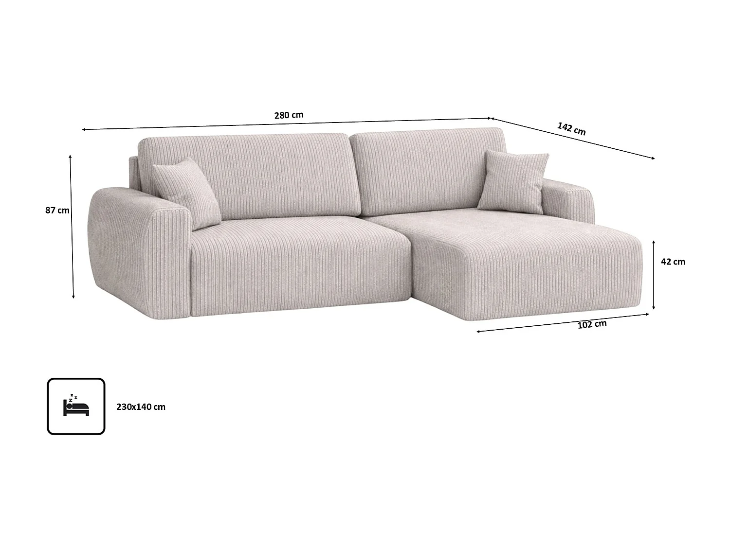 Divano angolare con funzione letto e vano contenitore, Ariel XL, tessuto velluto a coste, tessuto Poso, beige, lato destro