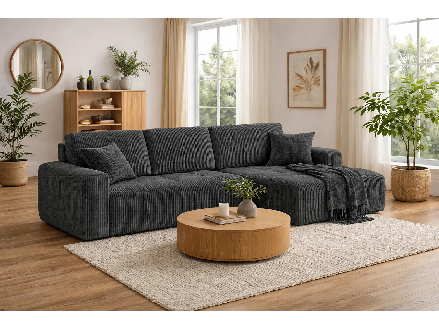 Divano angolare con funzione letto e contenitore a forma di L Ivo XL, tessuto a coste Poso, Grigio, Destra