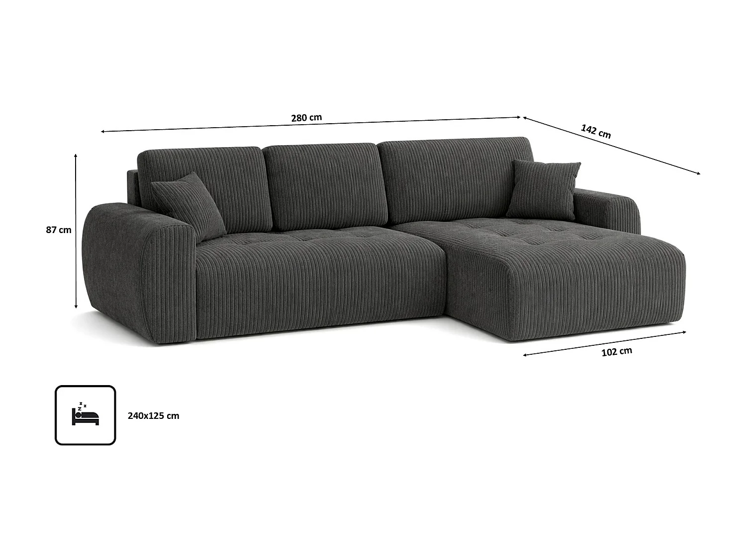 Divano angolare con funzione letto e contenitore a forma di L Ivo XL, tessuto a coste Poso, Grigio, Destra