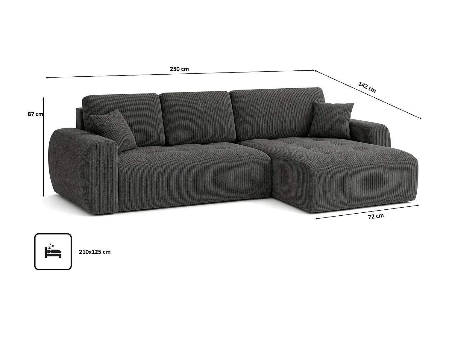 Divano angolare con funzione letto e contenitore a forma di L Ivo L, tessuto a coste Poso, Grigio, Destra