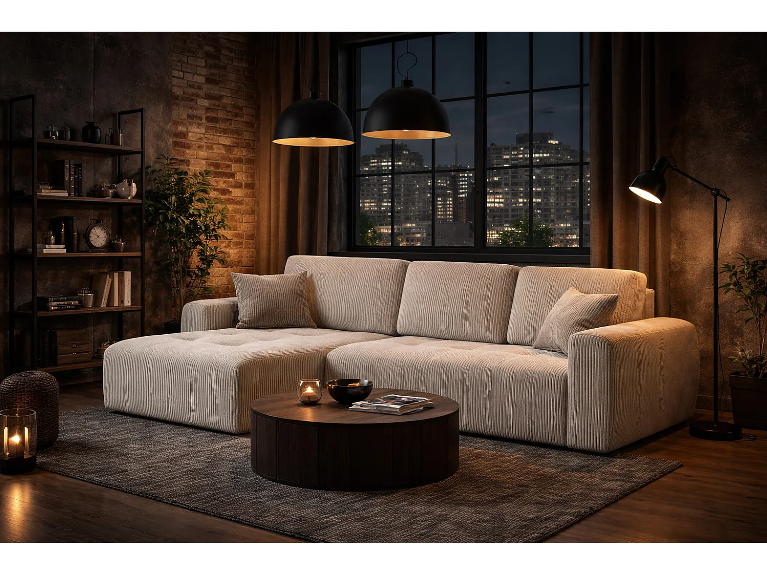 Divano angolare con funzione letto e contenitore a forma di L Ivo L, tessuto a coste Poso, Beige, Sinistra