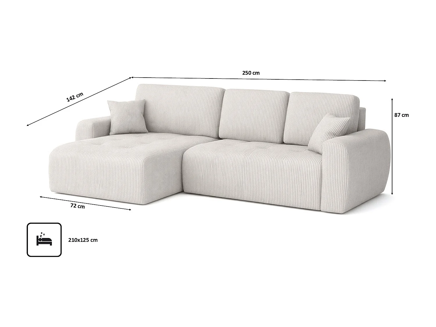 Divano angolare con funzione letto e contenitore a forma di L Ivo L, tessuto a coste Poso, Beige, Sinistra