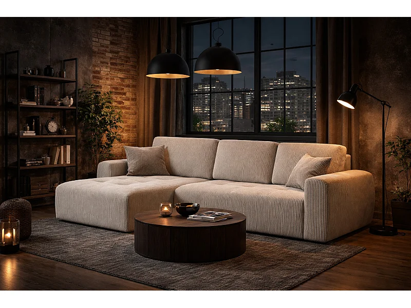 Hoekslaapbank met slaapfunctie en opbergruimte, L-vorm, Ivo L, ribstof Poso, Beige, Links