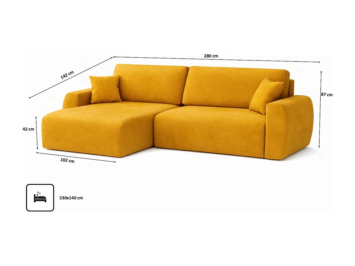 Hoekbank met slaapfunctie en opbergvak, Ariel XL, velours, stof Salvador, geel, links