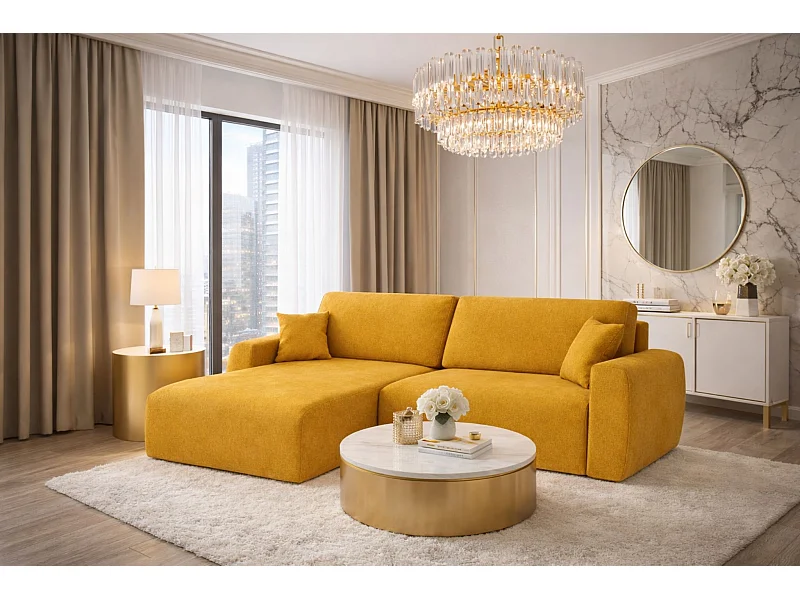 Hoekbank met slaapfunctie en opbergvak, Ariel XL, velours, stof Salvador, geel, links