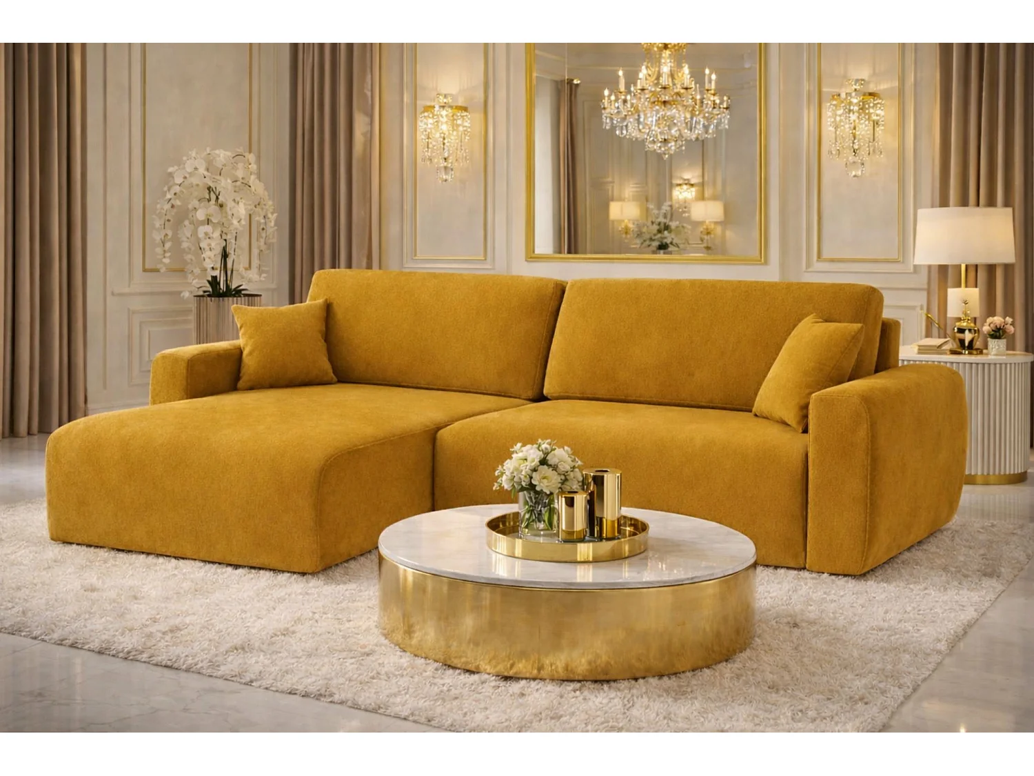 Hoekbank met slaapfunctie en opbergruimte Ariel L, velours, stof Salvador, geel, links