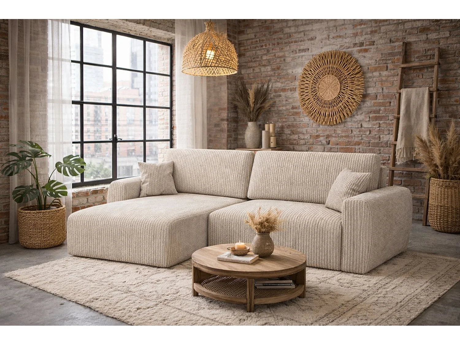 Hoekbank met slaapfunctie en opbergvak, Ariel XL, corduroy stof, Poso stof, donkerbeige, links