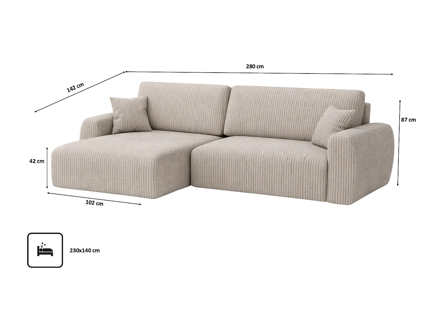 Hoekbank met slaapfunctie en opbergvak, Ariel XL, corduroy stof, Poso stof, donkerbeige, links