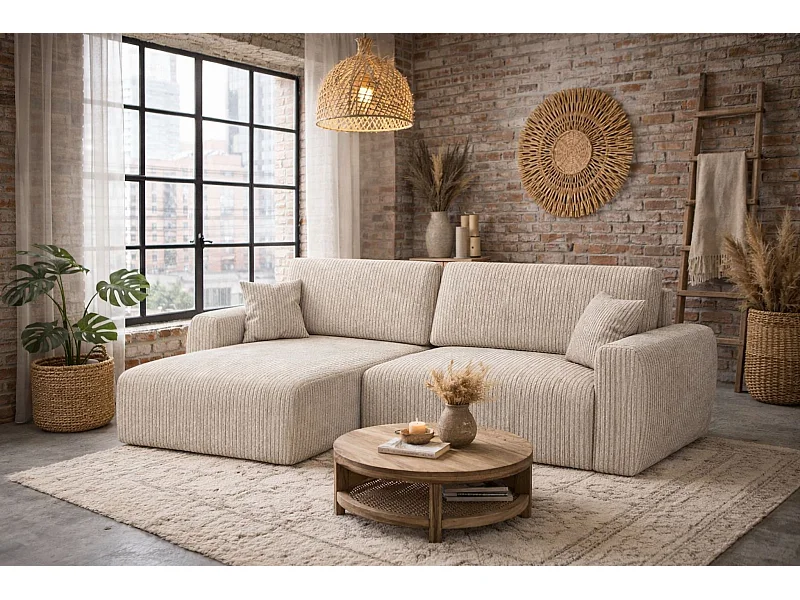 Hoekbank met slaapfunctie en opbergvak, Ariel XL, corduroy stof, Poso stof, donkerbeige, links