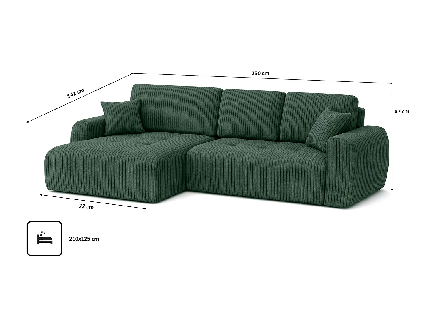 Divano angolare con funzione letto e contenitore a forma di L Ivo L, tessuto a coste Poso, Verde, Sinistra