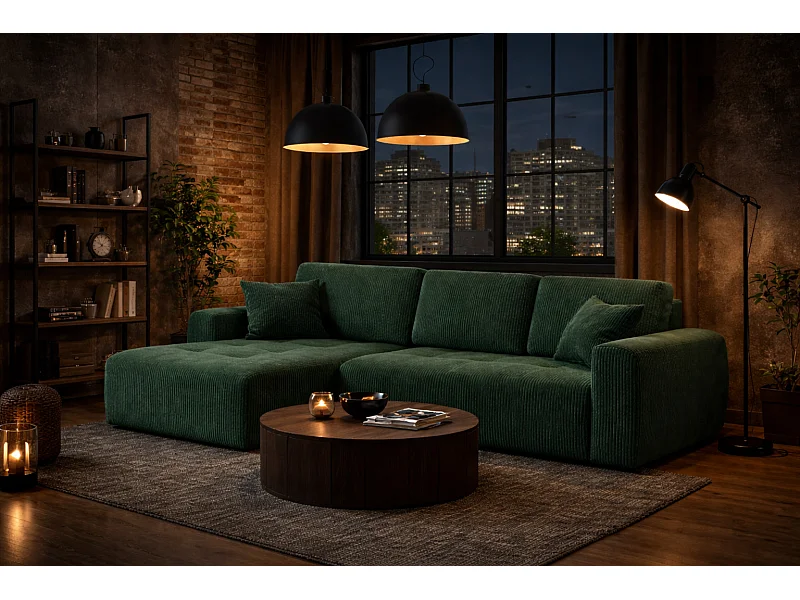 Divano angolare con funzione letto e contenitore a forma di L Ivo L, tessuto a coste Poso, Verde, Sinistra