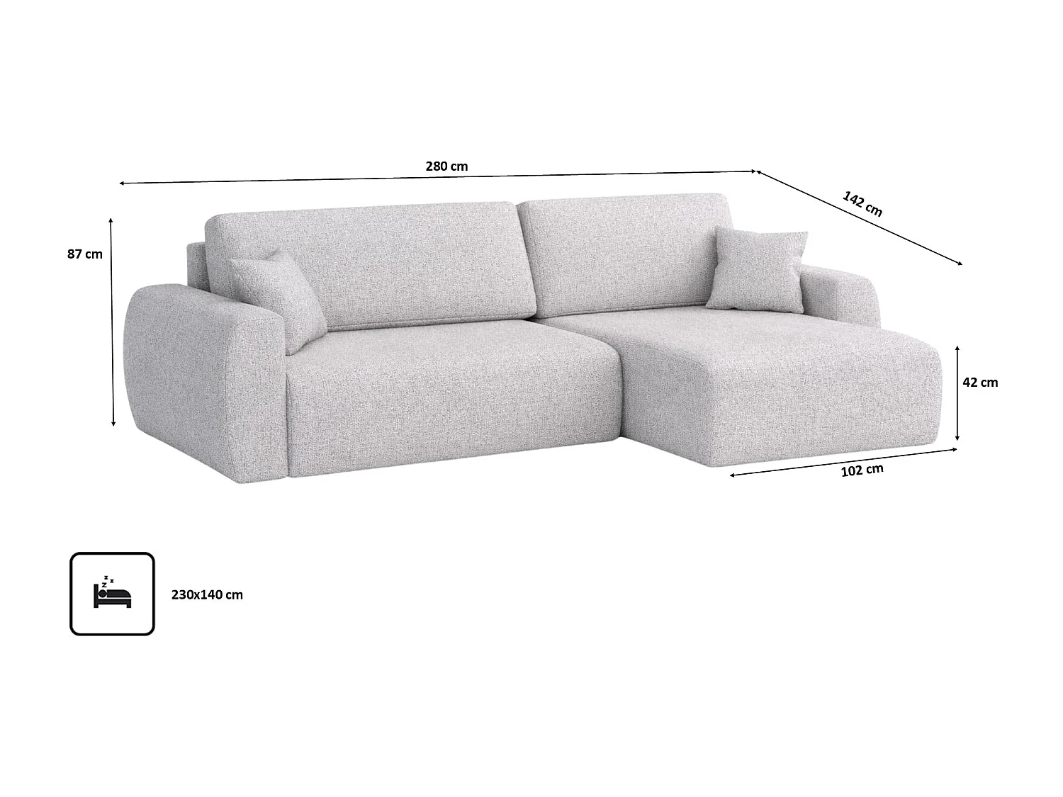 Hoekbank met slaapfunctie en opbergvak, Ariel XL, chenille stof, Artico stof, Cement, rechts