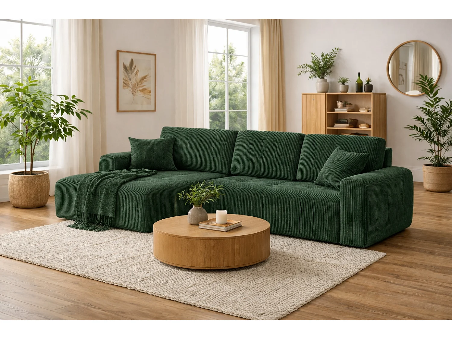 Divano angolare con funzione letto e contenitore a forma di L Ivo XL, tessuto a coste Poso, Verde, Sinistra