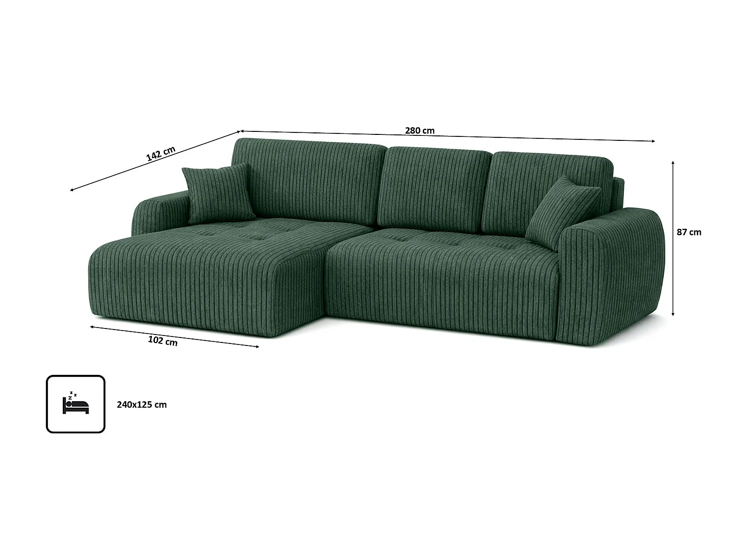 Divano angolare con funzione letto e contenitore a forma di L Ivo XL, tessuto a coste Poso, Verde, Sinistra