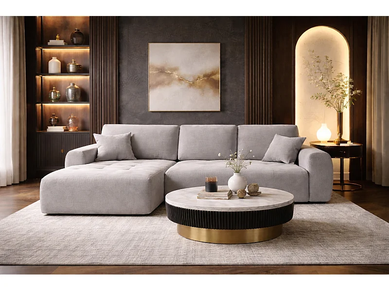 Canapé d’angle avec fonction couchage et coffre de rangement en forme de L Ivo XL, tissu velours Salvador, Gris, Gauche