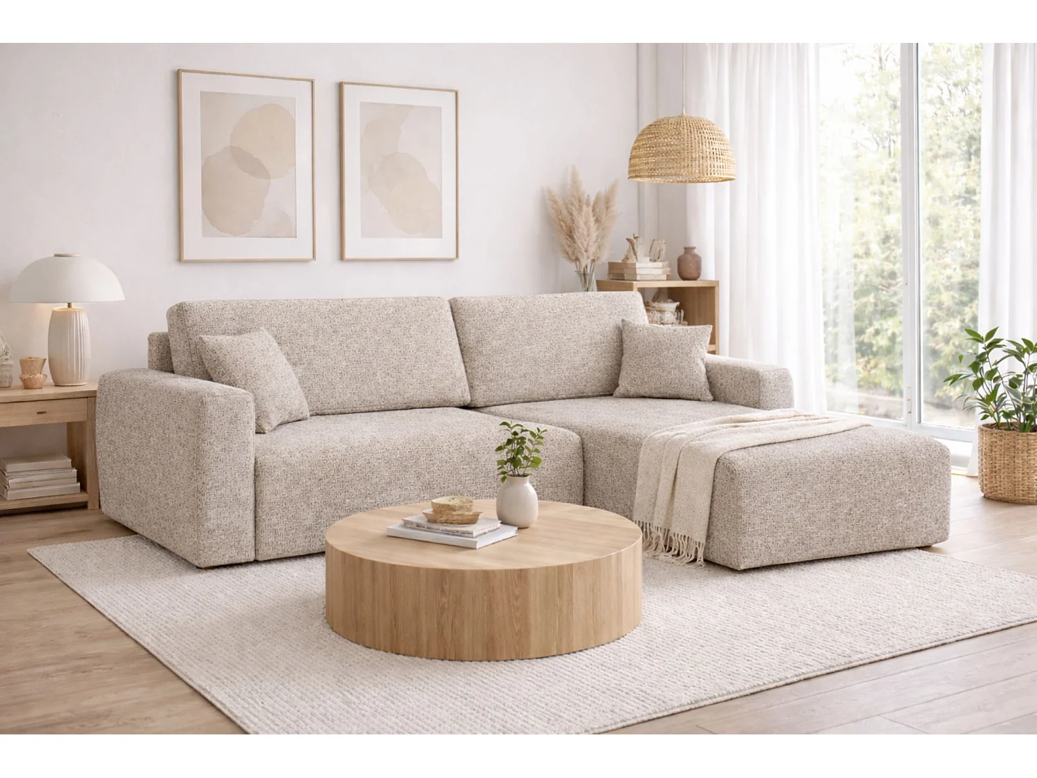 Hoekbank met slaapfunctie en opbergruimte Ariel L, chenille stof, Artico stof, Beige, rechts