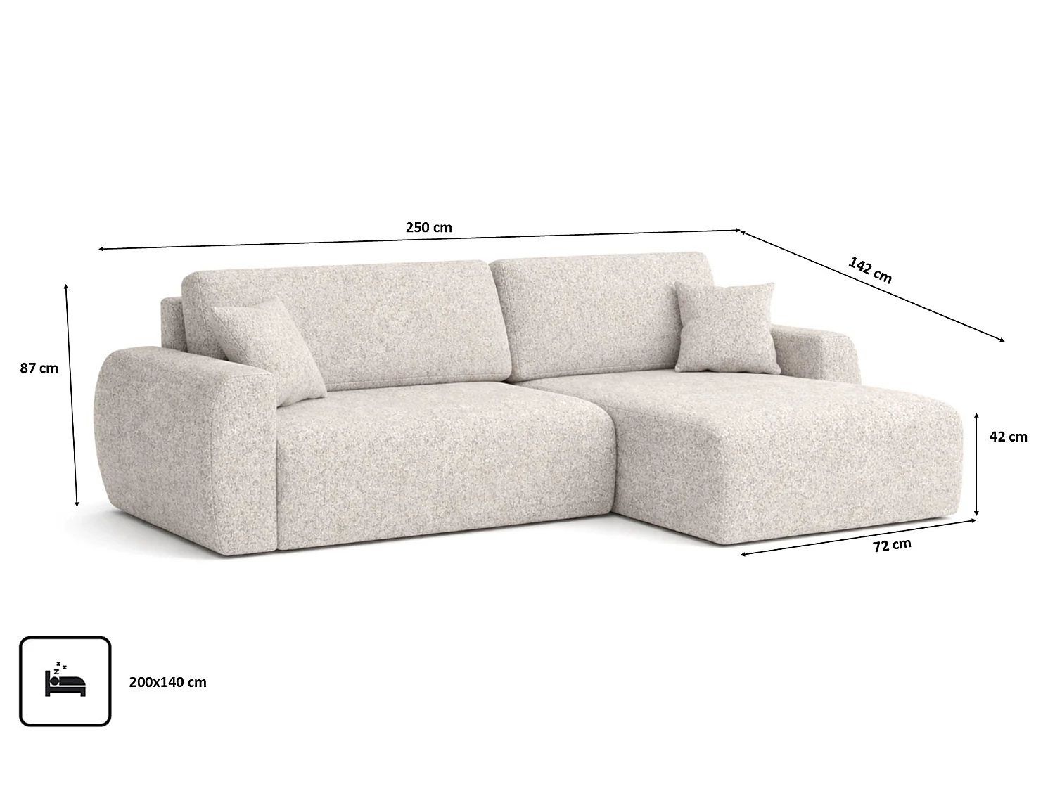 Divano angolare con funzione letto e contenitore Ariel L, Ciniglia, Tessuto Artico, Beige, lato destro