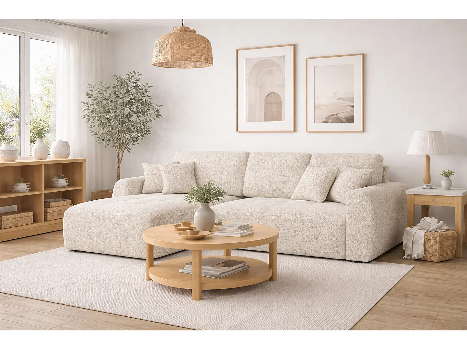 Divano angolare con funzione letto e contenitore a forma di L Ivo L, tessuto chenille Artico, Nata, Sinistra