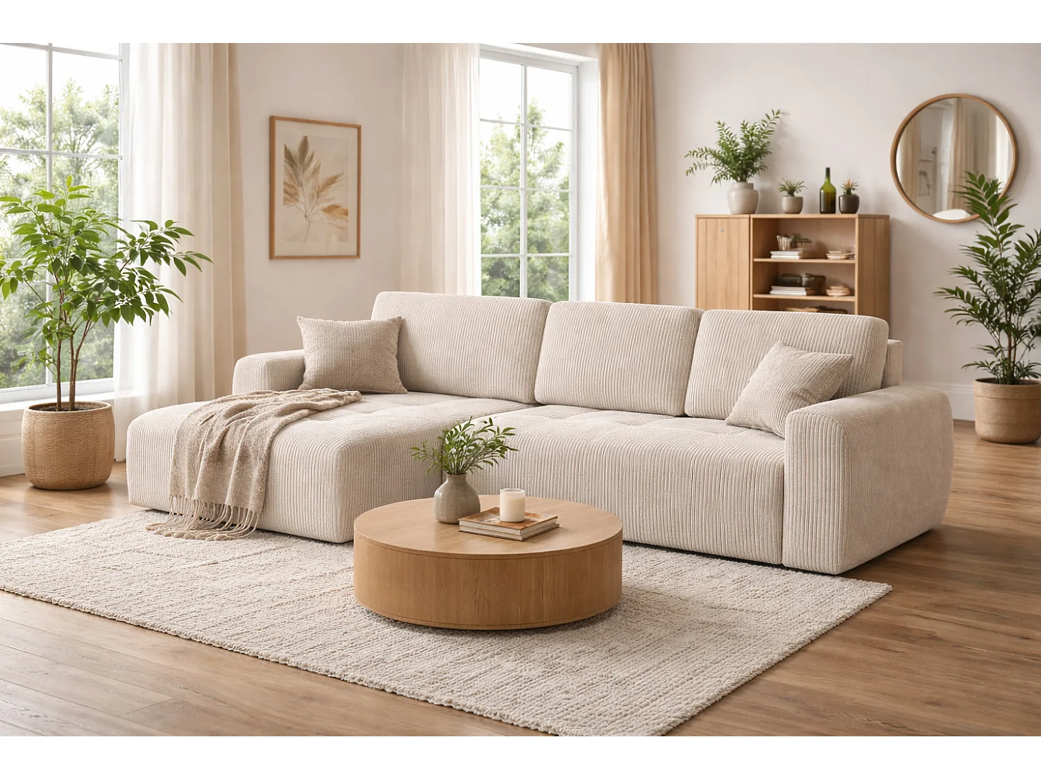 Divano angolare con funzione letto e contenitore a forma di L Ivo XL, tessuto a coste Poso, Beige, Sinistra
