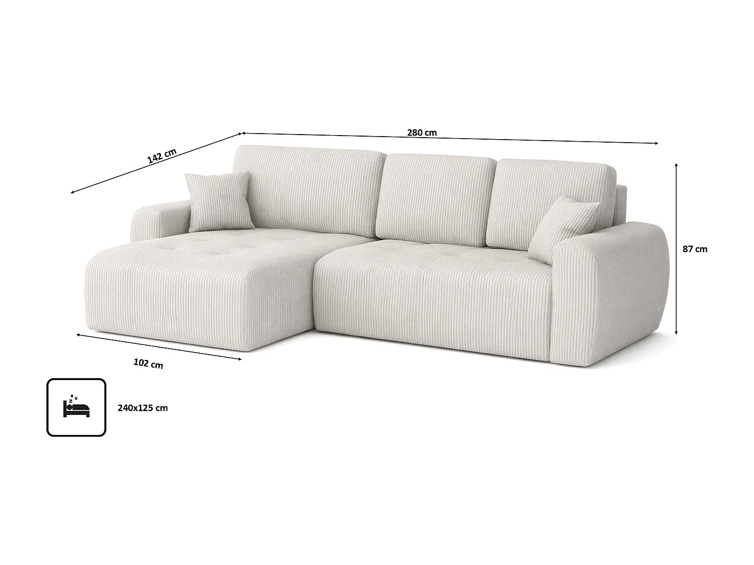 Divano angolare con funzione letto e contenitore a forma di L Ivo XL, tessuto a coste Poso, Beige, Sinistra