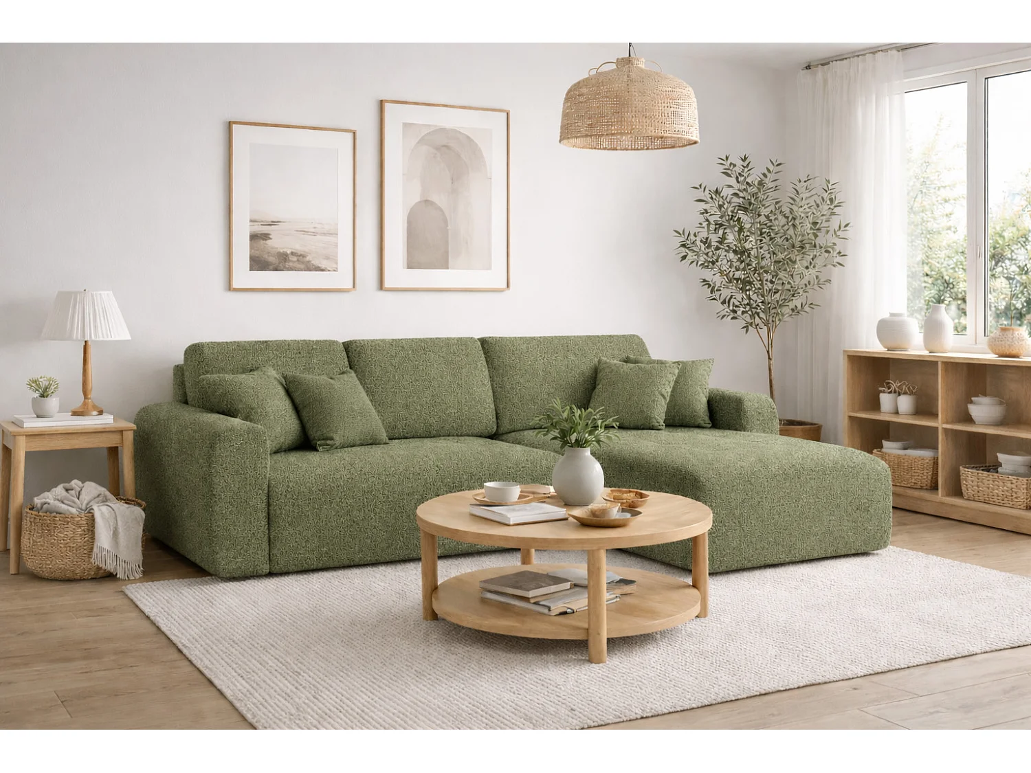 Divano angolare con funzione letto e contenitore a forma di L Ivo L, tessuto chenille Artico, Moss, Destra