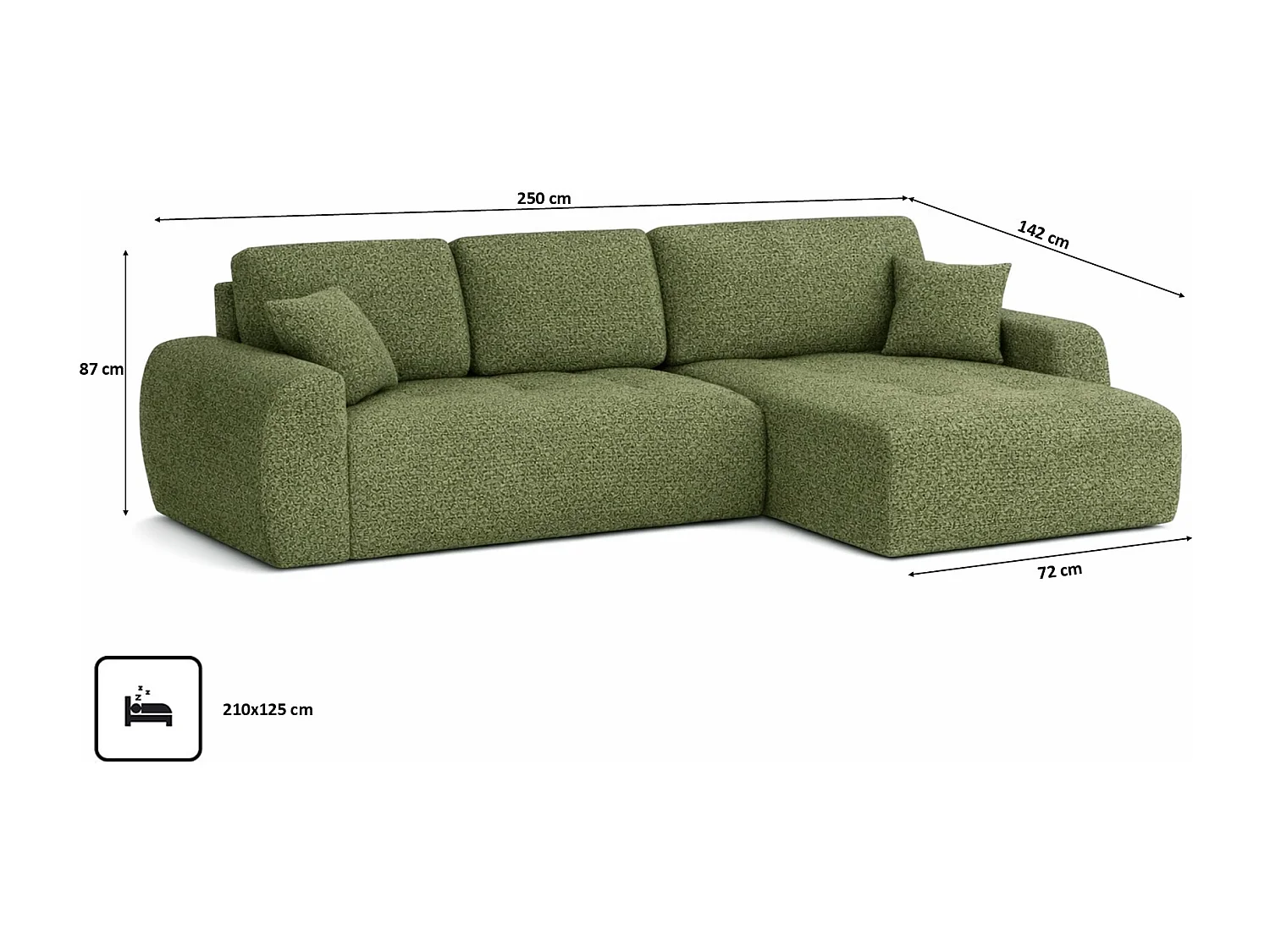 Divano angolare con funzione letto e contenitore a forma di L Ivo L, tessuto chenille Artico, Moss, Destra