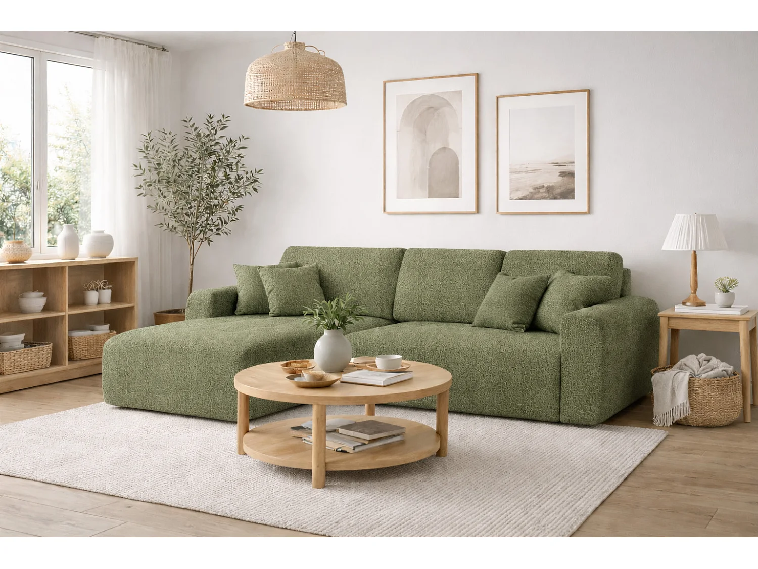 Divano angolare con funzione letto e contenitore a forma di L Ivo L, tessuto chenille Artico, Moss, Sinistra