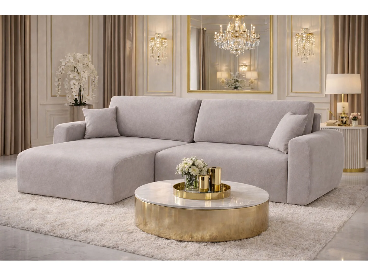 Canapé d'angle convertible avec coffre de rangement Ariel L, velours, tissu Salvador, gris, côté gauche