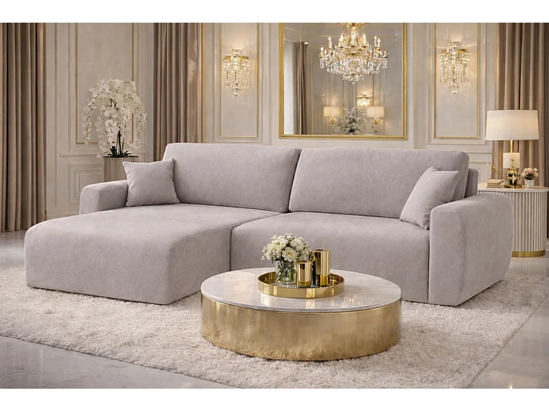 Canapé d'angle convertible avec coffre de rangement Ariel L, velours, tissu Salvador, gris, côté gauche