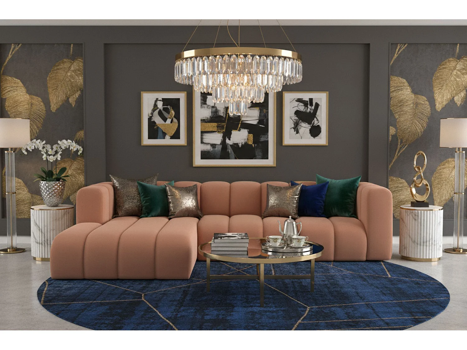 Hoekbank L-Vorm Grand L 287 cm, Veloursstof Salvador, Roze, Links