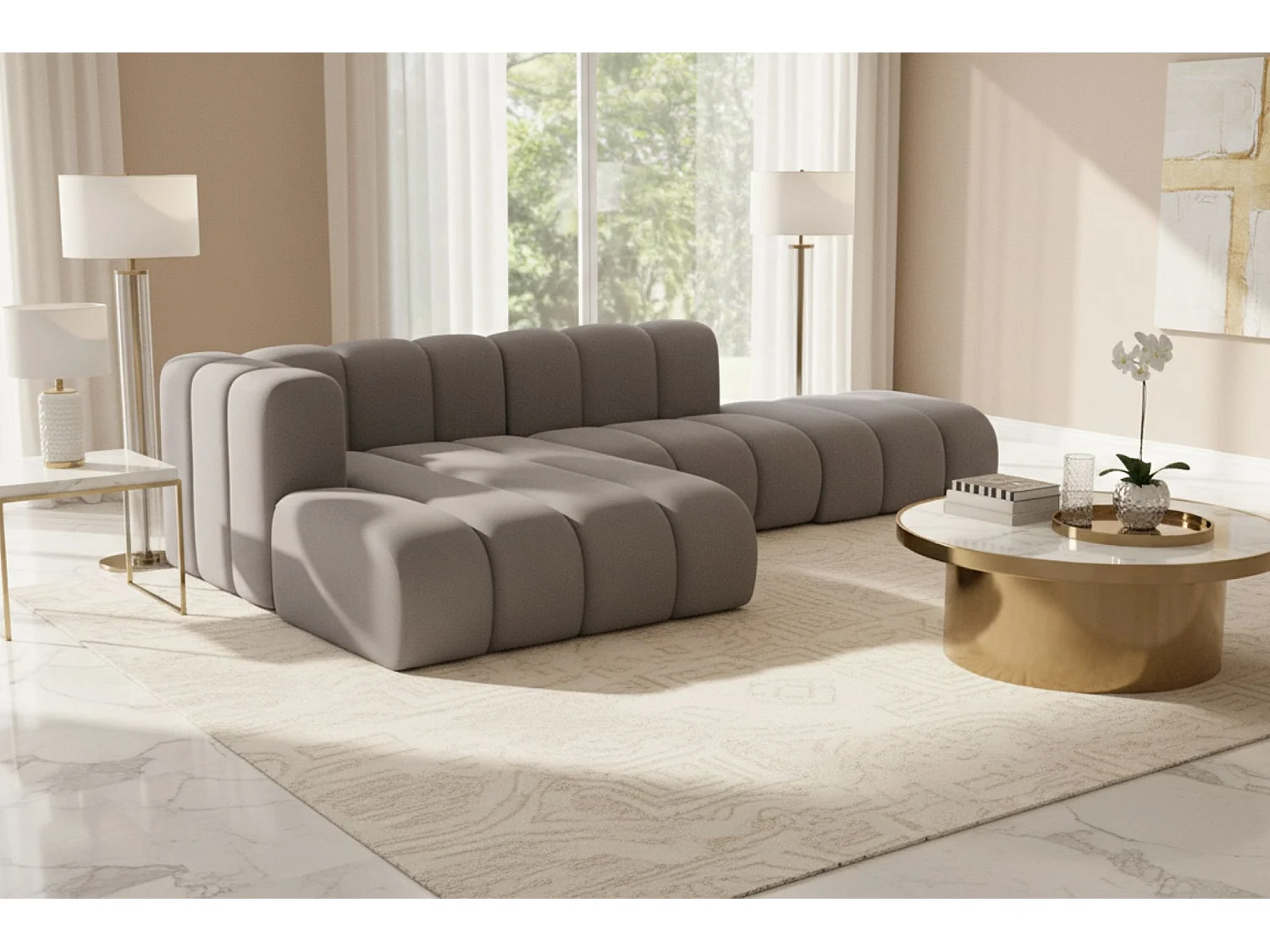 Divano angolare a L con pouf, Grand Mini, tessuto Salvador, grigio, sinistro