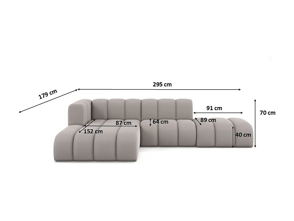 Divano angolare a L con pouf, Grand Mini, tessuto Salvador, grigio, sinistro