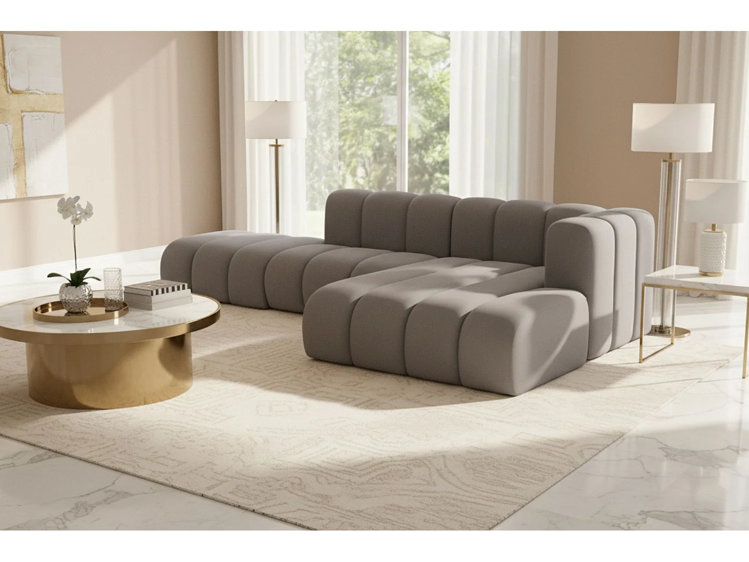 Divano angolare a L con pouf, Grand Mini, tessuto Salvador, grigio, a destra