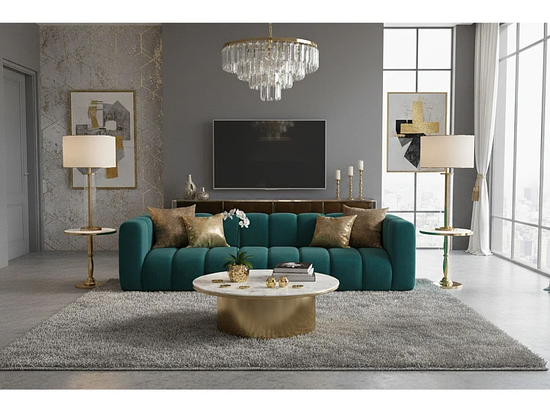 Divano, Divano a 4 posti Grand, Tessuto in Velluto Salvador, Azzurro