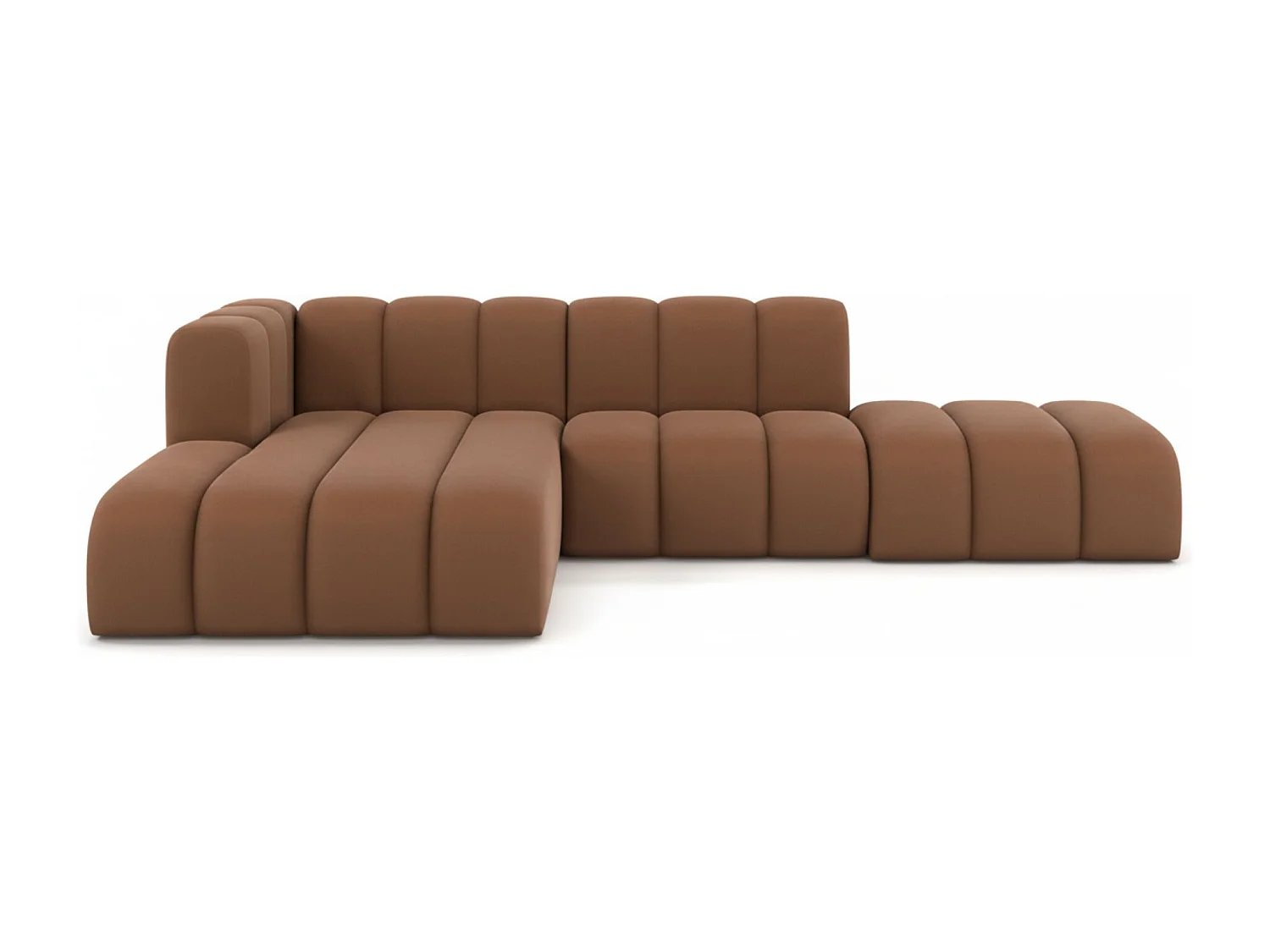 Divano angolare a L con pouf, Grand Mini, tessuto Salvador, marrone scuro, sinistro