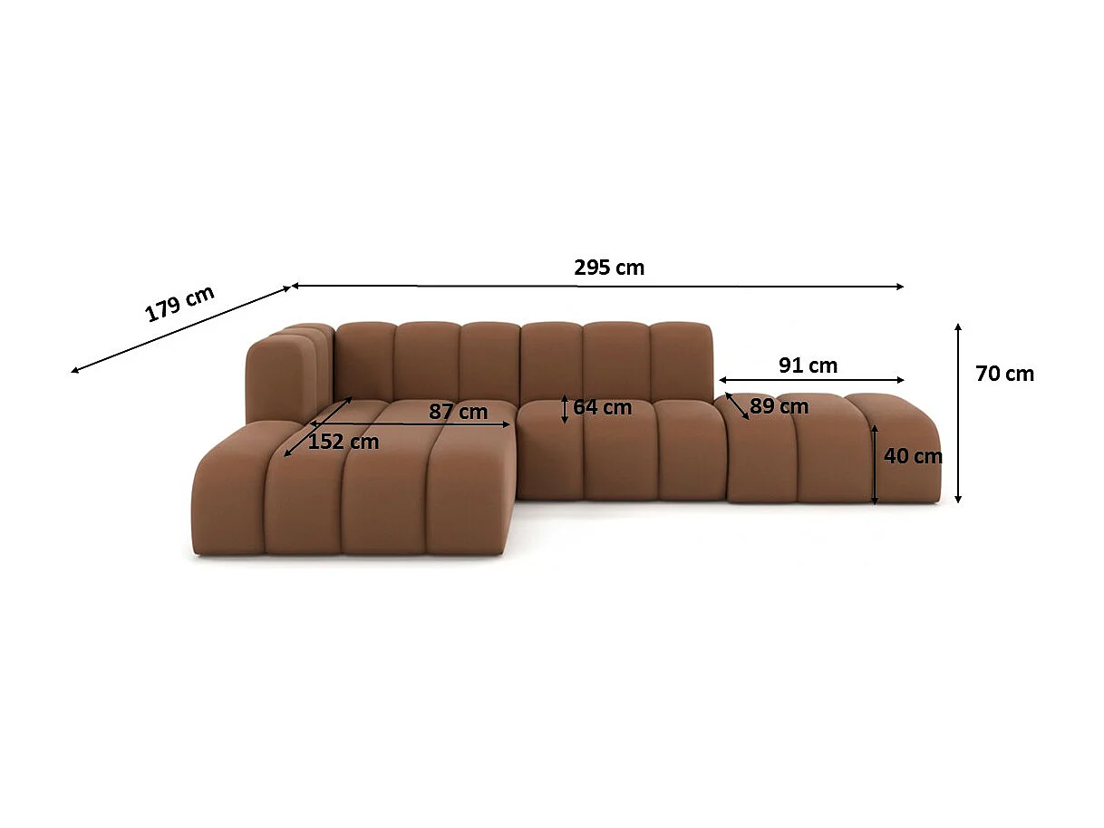 Divano angolare a L con pouf, Grand Mini, tessuto Salvador, marrone scuro, sinistro