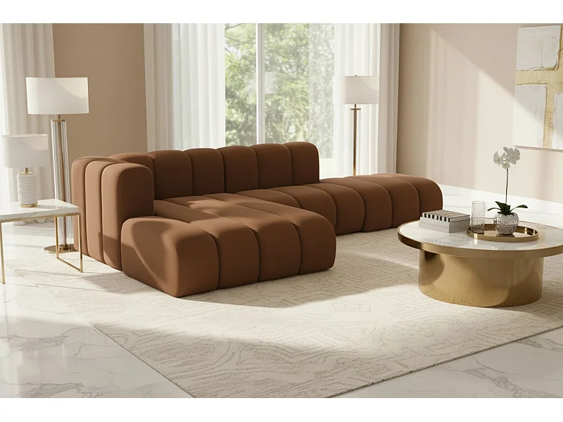 Divano angolare a L con pouf, Grand Mini, tessuto Salvador, marrone scuro, sinistro
