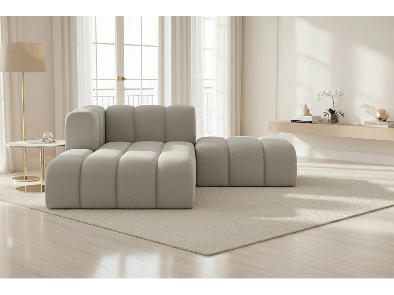 Chaiselongue mit Hocker Grand, Veloursstoff Salvador, Grau, Links