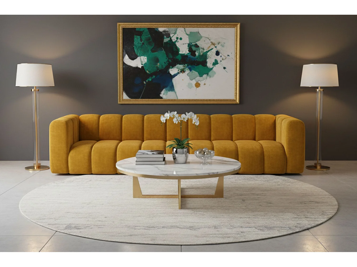 Bank, Vijfzitsbank Grand, Veloursstof Salvador, Geel