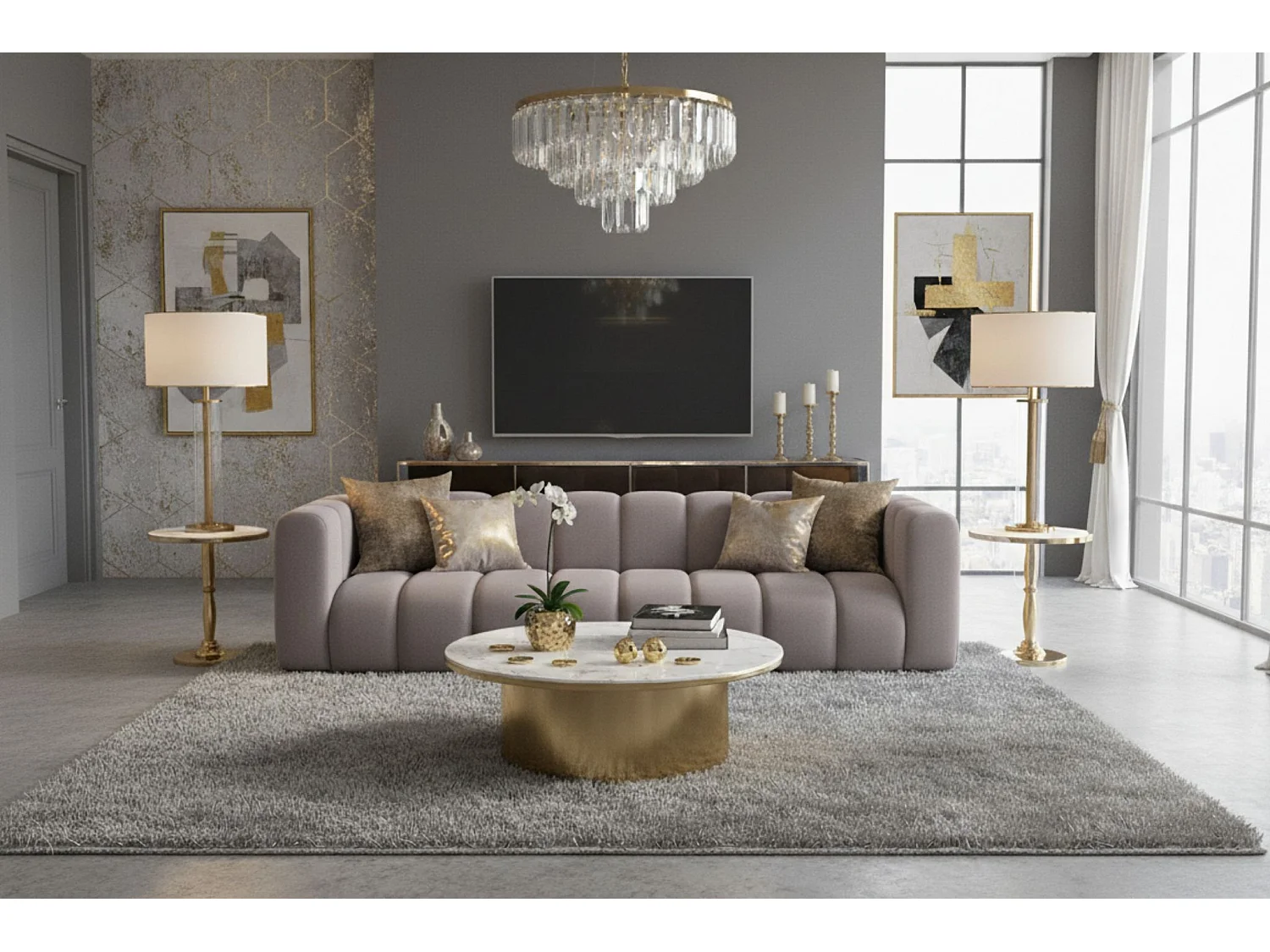 Bank, Vierzitsbank Grand, Veloursstof Salvador, Grijs